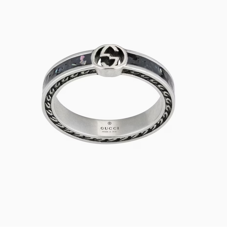 Gucci Interlocking Sterling Silver And Black Enamel Ring